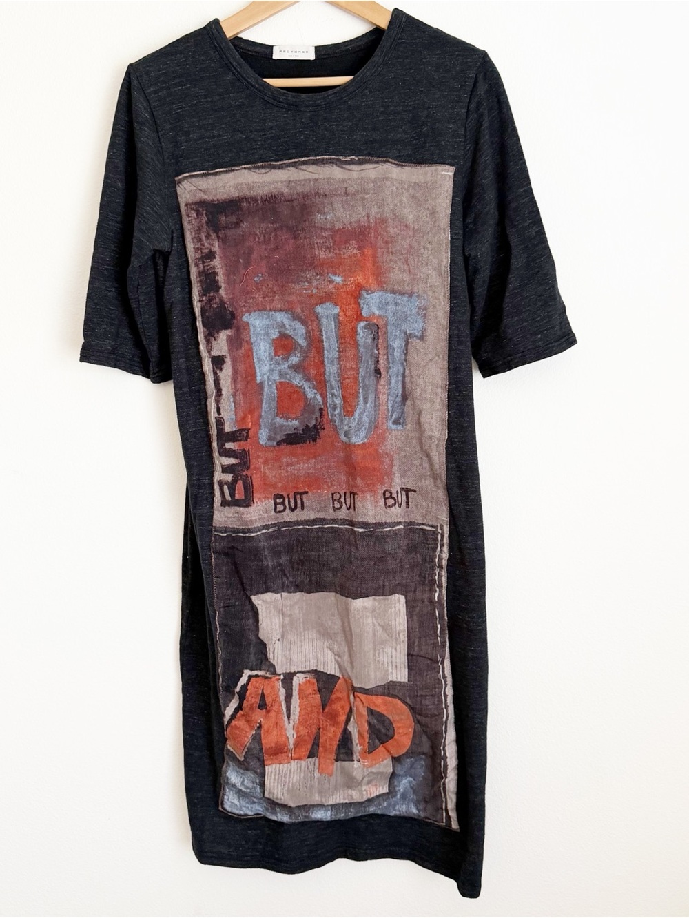 REOTONGS South Korea Artsy Graphic Tunic Dress Charcoal Black Knit Lagenlook M